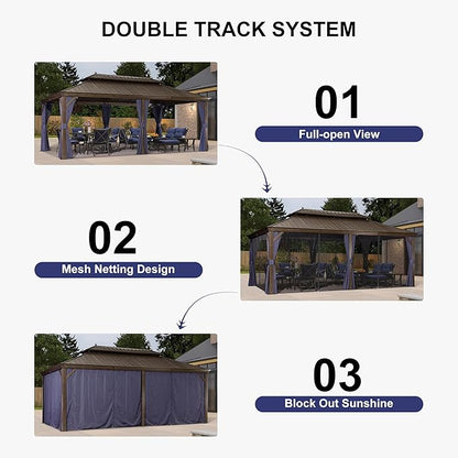PURPLE LEAF 12' x 20' Hardtop Gazebo Outdoor Metal Roof Sun Shade Tent with Curtains and Netting Patio Canopy Permanent Pavilion