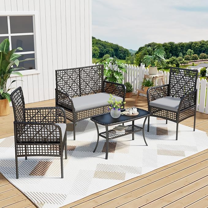 4-Piece Patio Furniture Set, Weather-Resistant Rattan Patio Conversation Set with Two-Tier Coffee Table, Upholstered Openwork Wicker Furniture for Porch, Garden, Lawn, Gray