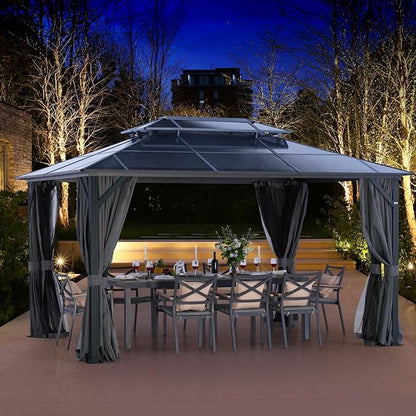 LeDoasis 10' X 13' Hardtop Gazebo, Outdoor Permanent Polycarbonate Double Roof Canopy with Breathable Netting & Privacy Curtain for Patio Backyard Garden Lawn Party