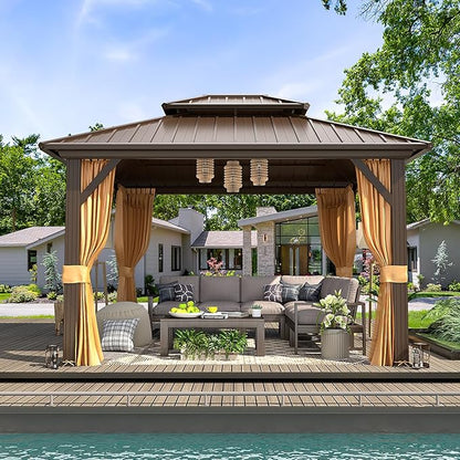 MELLCOM 10'x12' Hardtop Gazebo, Metal Double Roof Aluminum Gazebos with Curtain and Netting,Brown Permanent Galvanized Steel Pavilion for Patio, Lawn & Deck
