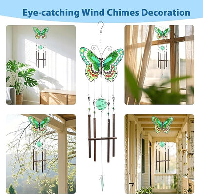 MUMTOP Butterfly Wind Chimes for Outside, Stained Glass Wind Chime Windchimes for Patio, Outdoor,Garden,Yard,Coastal,Window,Home Decor or Gifts for Women(Green)