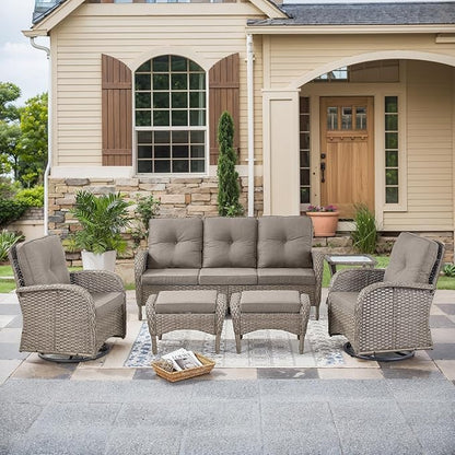 HUMMUH 6 Pieces Outdoor Patio Furniture-PE Rattan Wicker Sofa with Patio Swivel Rocking Chairs Patio Furniture for Deck Lawn Porch Balcony Poolside-Grey/Grey