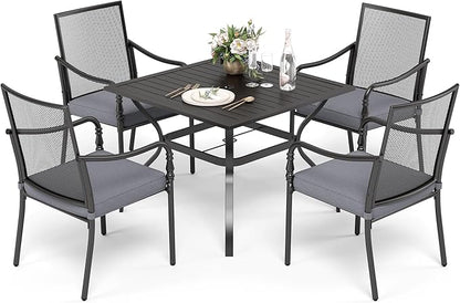 HERA'S HOUSE Metal Patio Table and Chairs Set for 4, Outdoor Dining Set 5 Pieces, 37" Square Table with Elegant Cushioned Armrest Chairs for Garden Backyard with 1.57" Umbrella Hole