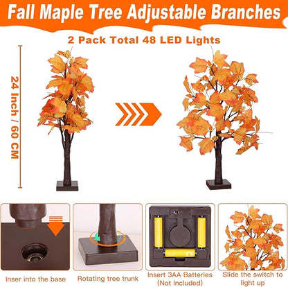 2 Pack 24 Inch Artificial Lighted Fall Maple Tree Thanksgiving Decorations with 48 LEDs Battery Operated Timer Prelit Acorn Maple Tree Lights for Thanksgiving Table Decor Home Indoor Autumn Harvest