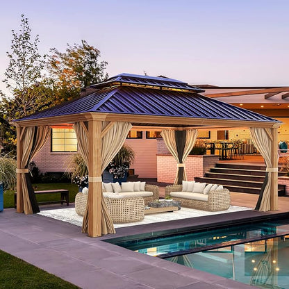 YOLENY 12' x 16' Hardtop Gazebo, Wood-Looking Gazebo with Galvanized Steel Double Roof, Aluminum Frame with Netting and Curtains for Deck, Backyard, Patio and Lawns