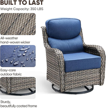 Swivel Patio Chairs sofa Set of 4 with 6" Thick Cushion - Wicker Outdoor Swivel Rocker Patio Chair ,Sofa/Glass coffee table, High Back Comfortable Outdoor Glider Chairs - Grey Wicker | Blue Cushions