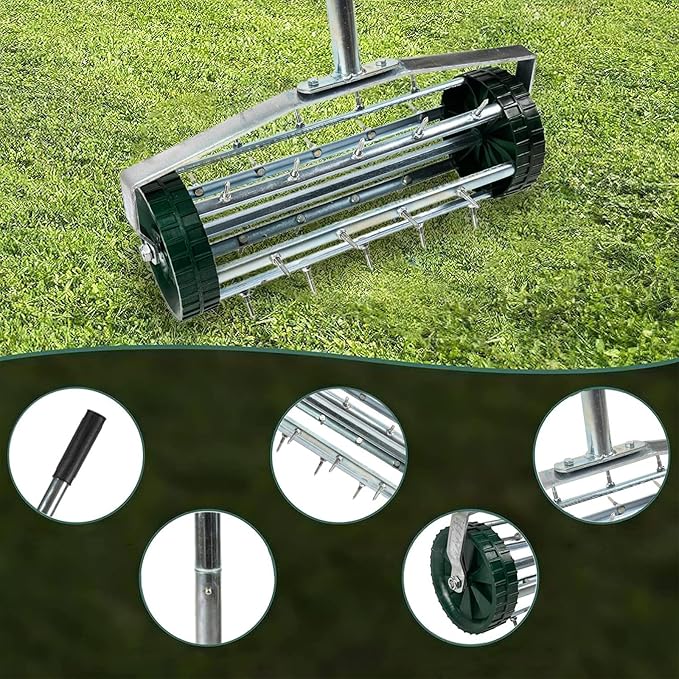 16-Inch Heavy Duty Rolling Lawn Aerator With Sharp Spikes & Anti-Slip Handle - Push Aerator for Garden, Yard - Manual Tool