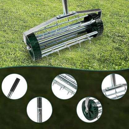 16-Inch Heavy Duty Rolling Lawn Aerator With Sharp Spikes & Anti-Slip Handle - Push Aerator for Garden, Yard - Manual Tool