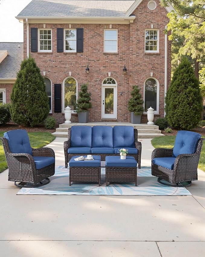 Pop 22x25/22x24 Outdoor Cushions for Patio Couch Chairs Set of 3 - High Back Outside Seat Cushions for Wicker Rattan Dining Rocker Glider Loveseat 3-Seater Sectional Sofa - Navy Blue/Button