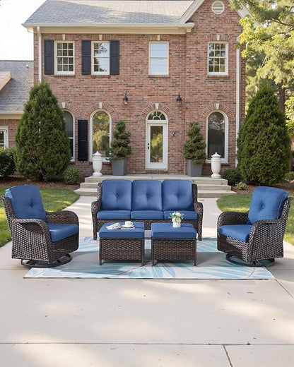 Pop 22x25/22x24 Outdoor Cushions for Patio 5 Piece Set - Set of 5 Water-Resistant Replacement Cushion for Wicker Rocking Swivel Chairs Loveseat Couch Sectional Sofa - Navy Blue/Button