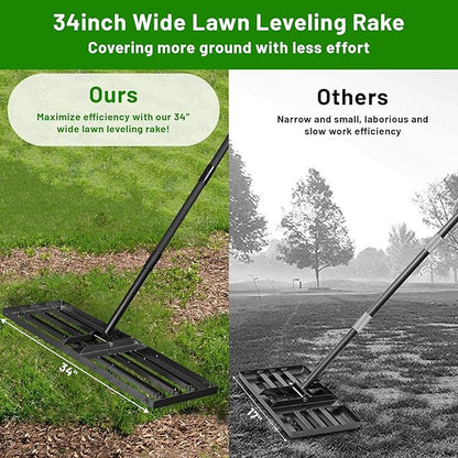 Lawn Leveling Rake 34"x9.5",Lawn Leveling Tool with 68" Long Adjustable Stainless Steel Handle for Leveling Soil,Grass,Sand or Dirt,Heavy Duty Lawn Leveler for Backyard,Garden,Golf Course,Farm,Pasture