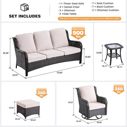 ovios 9 Pieces Patio Furniture Set, Outdoor Wicker Sofa Couch with Swivel Chairs Ottomans Comfy Cushions, High Back All Weather Modern Conversation Sets, Brown Rattan, Beige