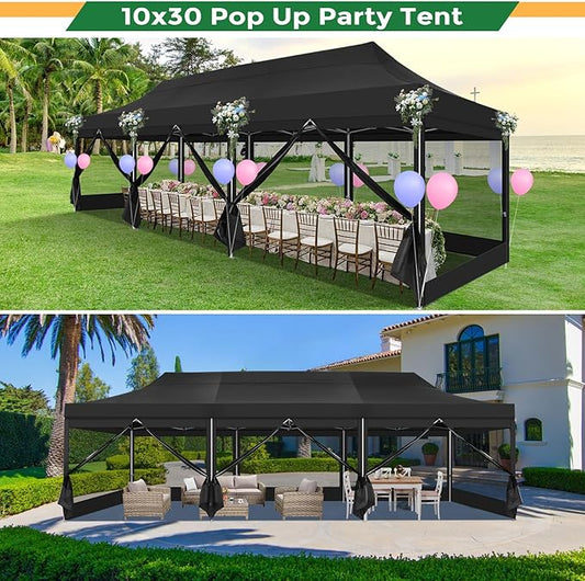 COBIZI 10x30 Heavy Duty Pop Up Canopy with 8 Sidewalls, Commercial Gazebo Party Tent with Mosquito Netting Wall Easy Set Up Outdoor Instant Screen Tent for Backyard, Patio, Garden, Black