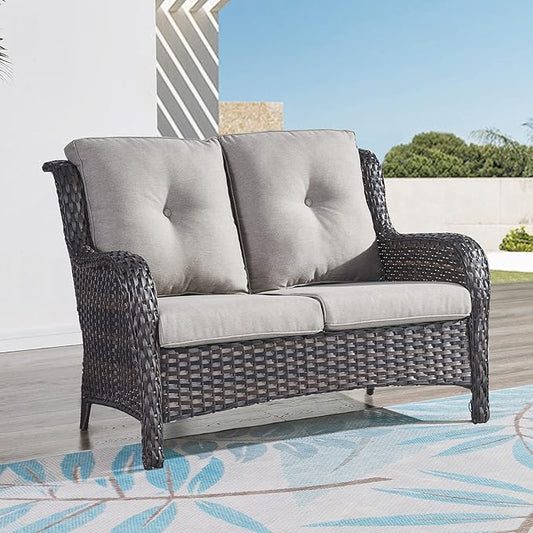 HUMMUH Outdoor Loveseat Sofa 2-Seat PE Rattan Patio Love Seat with Cushions,Deep Seat High Curved Back Armset Sectional Couch for Patio,Garden,Yard,Porch