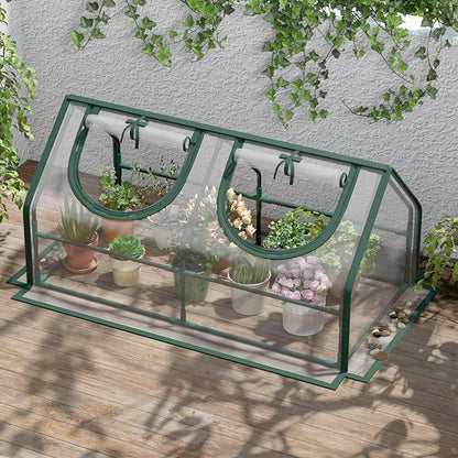 Portable Mini Greenhouse, 47.3"x26.4"x26.4" Greenhouses for Outdoors with Dual Large Zipper Doors & Ground Stakes, Waterproof Plastic Green House for Outside Garden Patio Backyard