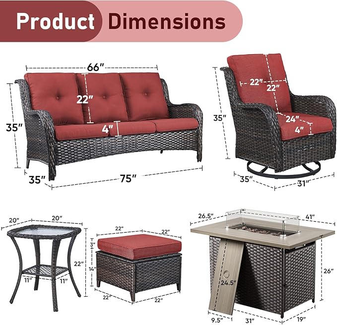 Wicker Outdoor Conversation Se with 50,000 BTU Gas Propane Fire Pit Tablet-7 Pieces Outdoor Wicker High Back Couch Patio Furniture for Deck Poolside Backyard