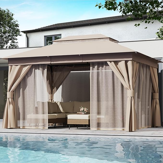 LAUSAINT HOME Outdoor Patio Gazebo 10'x13' with Expansion Bolts, Heavy Duty Gazebos Party Tent Shelter with Double Roofs, Mosquito Nets and Privacy Screens for Backyard, Garden, Lawn, Khaki
