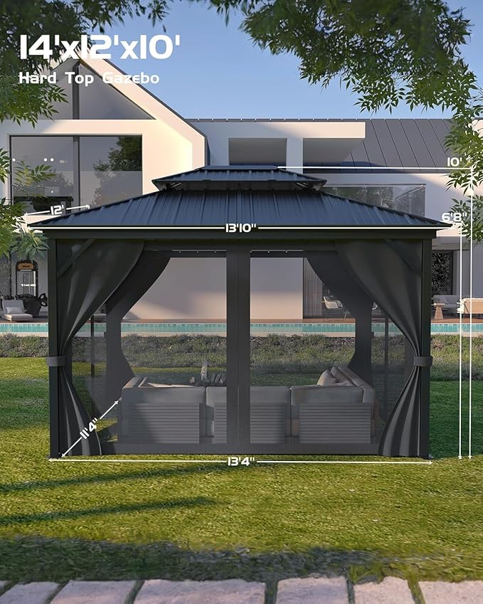 GAOMON Hardtop Gazebo 12'x14' for All Weather, with Double Metal Roof, Aluminum Alloy Frame, Net, and Curtain, Permanent Building of Backyard Luxury for Patio, Deck, Backyard, Lawn, and Garden, Gray