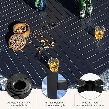 7 Piece Outdoor Dining Set for 6, 54" Round Metal Table with Umbrella Hole, 6 Blue Dining Chairs, Patio Table and Chairs Set for Backyard Lawn
