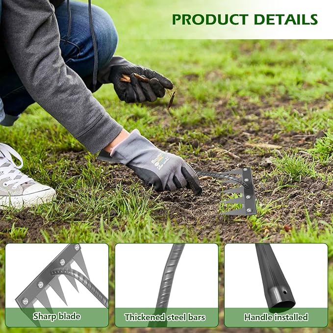 Iron Weeding Rake 2.0, New 5/6/7/8 Teeth Carbon Steel Garden Weeder Rakes, Weeder Puller Tool for Yard Lawn and Garden, Heavy Duty Metal Rake for Lawn, Flower Beds & Soil Aeration(5 Teeth)