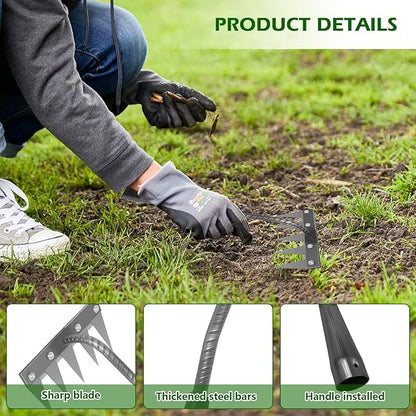 Iron Weeding Rake 2.0, New 5/6/7/8 Teeth Carbon Steel Garden Weeder Rakes, Weeder Puller Tool for Yard Lawn and Garden, Heavy Duty Metal Rake for Lawn, Flower Beds & Soil Aeration(5 Teeth)