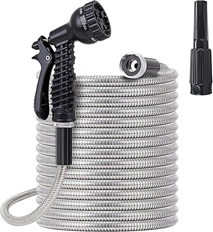 FOXEASE Stainless Steel Garden Hose 75 ft - Metal Water Hose with 2 Nozzles, Lightweight, Tangle Free & Kink Free, Heavy Duty, High Pressure, Flexible, Dog Proof