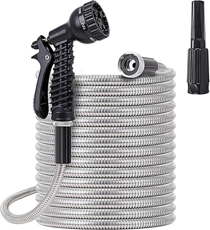 FOXEASE Metal Water Hose 100 ft - Stainless Steel Water Hose with 2 Nozzles, Lightweight, Tangle Free & Kink Free, Heavy Duty, High Pressure, Flexible, Dog Proof