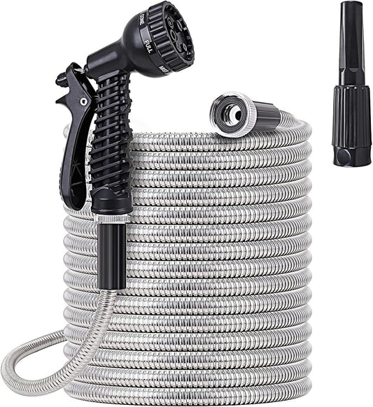 FOXEASE Metal Water Hose 100 ft - Stainless Steel Water Hose with 2 Nozzles, Lightweight, Tangle Free & Kink Free, Heavy Duty, High Pressure, Flexible, Dog Proof
