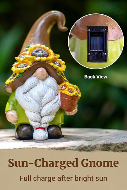Solar Garden Gnome Statue, 7.67" Tall — Outdoor Resin Garden Statue for Yard, Backyard, Patio, Porch, Lawn; Garden Decor, Gnome Gifts, Birthday Gifts for Women