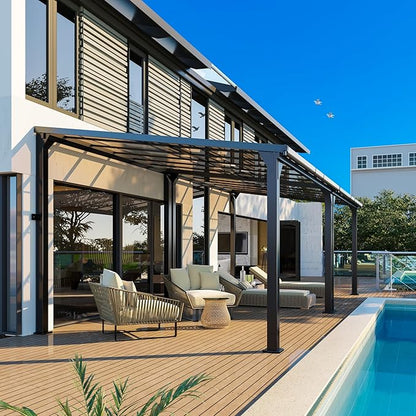 10 * 24FT Wall Mounted Gazebo,4*4 Inch Thickened Pillars & Enlarged Base,Outdoor Hardtop Lean to Pergola,UV Resistant Polycarbonate Roof,Aluminum Frame Pergola,Outdoor Patio Awnings for Lawn