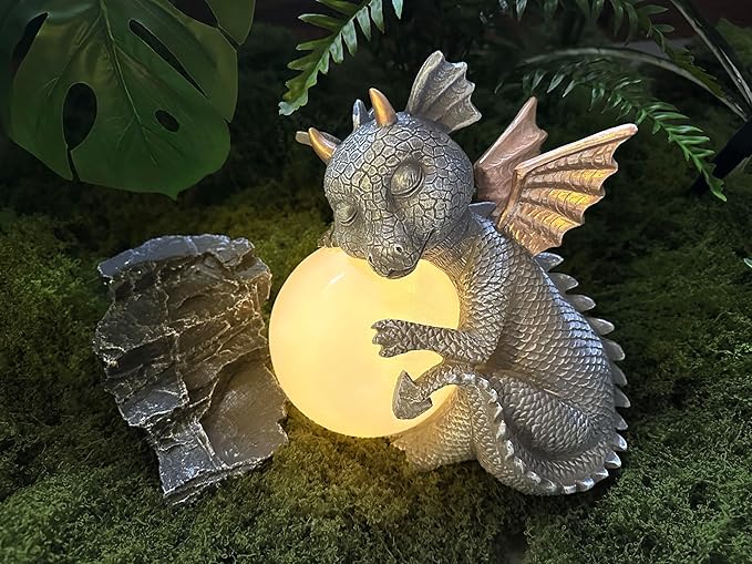 8.6" Solar Dragon Garden Statue, LED Figurine Light, Resin Outdoor Sculpture, Solar Powered Yard Art, Night Garden Light, Solar Landscape Path Light Ornament, Lawn Solar Lighting Figurine Art