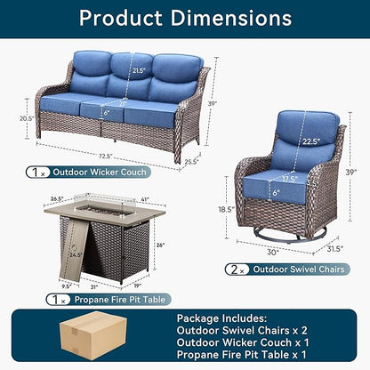 Luxury High Back Outdoor Furniture 6-Inch Thick Cushions with 50,000 BTU Gas Propane Fire Pit Tablet, Patio Furniture Set with Swivel Chairs, for Porch, Balcony, Deck and Yard