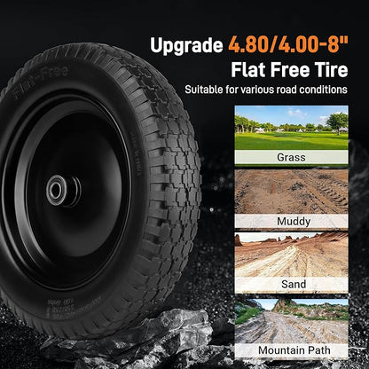 Wheelbarrow Tire 4.80/4.00-8 Flat-Free Tire and Wheel 14.5" Solid Wheelbarrow Tires with 3"-7" Centered Hub and 5/8" & 3/4" Bearings for Hand Truck, Trolley, Garden Cart, Wagons (2 Pack)