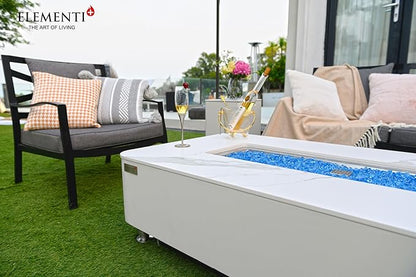 Elementi+ | Bundle Athens Gas Fire Pit | Concrete Body & Marble Porcelain Top | 62" Rectangular Fire Table | Electronic Ignition | Canvas Cover, Fire Glass, Burner Lid & More | White | Propane Gas