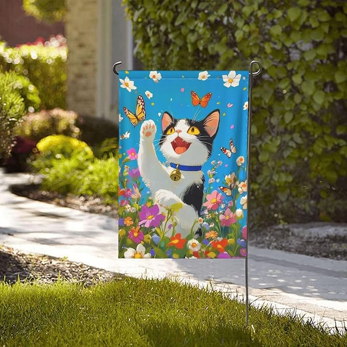 Cat Flower Garden Flag Vertical Double Sided Outdoor Yard Flags 12.5x18 Inch Burlap Banners for House Lawn