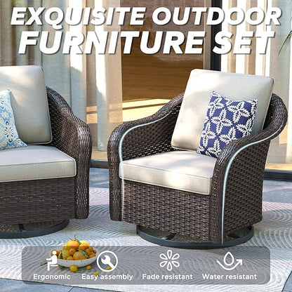 Outdoor Wicker 360 Degree Swivel Glider Rocker Chairs Set, Patio Conversation Furniture Set with Washable Cushions for Garden, Poolside (Beige)