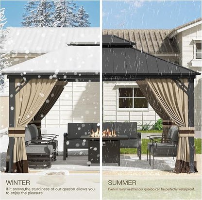12'x14' Hardtop Gazebo,Outdoor Galvanized Steel Metal Double Roof Gazebo with Curtains and Netting for Patios,Gardens,Lawns,Sand