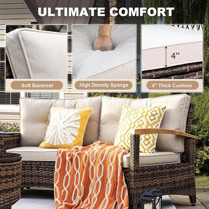 MEISSALIVVE 9 Piece Outdoor Patio Furniture Set, Half-Moon Curved Sectional Sofa Rattan Conversation Set with 2 Wood Armrests Swivel Rocker Chairs, Round Coffee Table & Side Table（Brown）