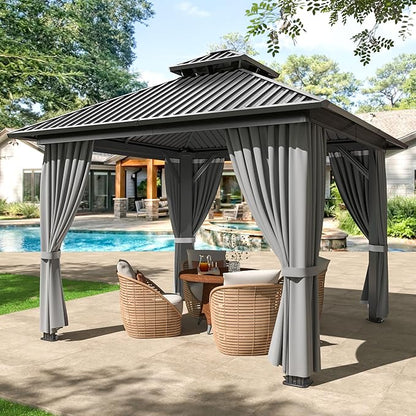 WKM 10x10 FT Hardtop Gazebo with Heavy Duty Galvanized Steel Double Roof, Aluminum Frame Permanent Pavilion with Curtains and Netting, Outside Canopy Gazebo for Patio, Deck and Backyard, Grey