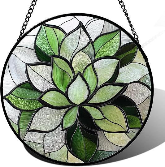 Stained Glass Window Hanging - Green Succulent Plants Suncatcher for Doors Garden Patio Floral Sun Catchers Decor Christmas Mother's Day Birthday Gifts for Women Men Mom Nana Friend 9.8 in