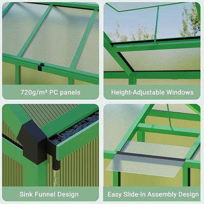 6x10 FT Greenhouse, Greenhouse for Outdoors, Polycarbonate Greenhouses with Quick Setup, Aluminum Frame and Roof Vent, Lockable Door for Backyard, Green Houses for Outside Garden Backyard, Patio