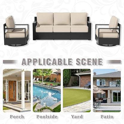 3 PCS Aluminum Patio Conversation Set - Outdoor 3-Seater Sofa, 2 360° Swivel Chair with 6" Thick Water-insistant Cushions, All-Weather Use Frame, Removable Cover, Ideal for Garden, Poolside (Beige)