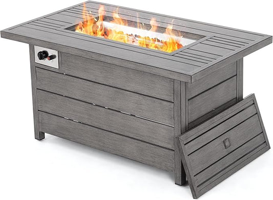Propane Fire Pit Table, HAPPATIO 48inch 50000 BTU Gas Fire Pit with Aluminum Slats Table Top, Lid, Black Glass Rock, Aluminum Fire Table,CSA Safety Certified for Outside Patio(Gray)