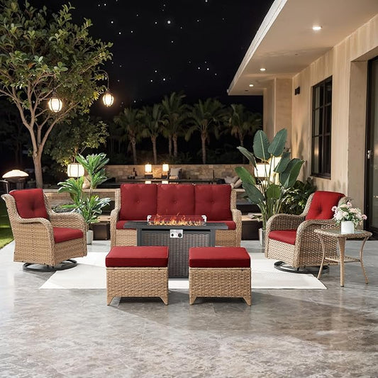 7 Pieces Patio Furniture Set with Fire Pit Table, Wicker Rattan Outdoor Furniture Set with Swivel Rocker Chairs for Yard, Deck, Garden, Yellow/Red
