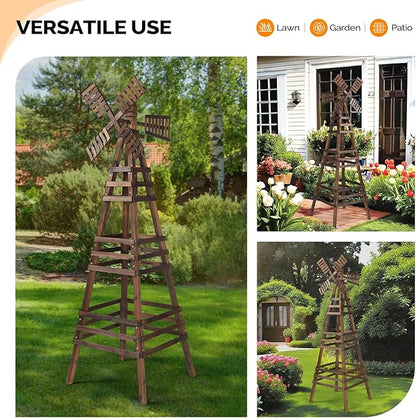 Wooden Windmill, Weather-Proof Wind Spinner, Outdoor Wind Mill for Garden Lawn Patio Decoration (Carbonized, Large)