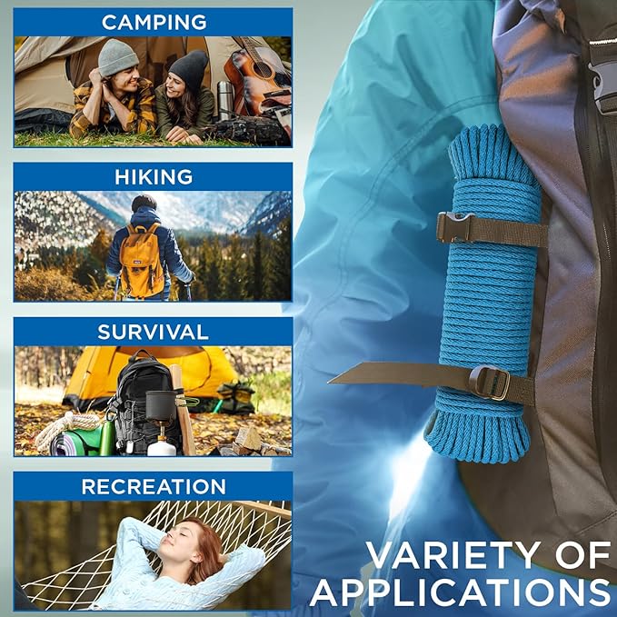 TECEUM Cotton Rope 3/16” (5 mm) – 100 FT – Strong All-Purpose Braided Rope – Natural Cotton – for Crafting, Сamping, Clothes Line, DIY, Indoor & Outdoor Use – Sky Blue