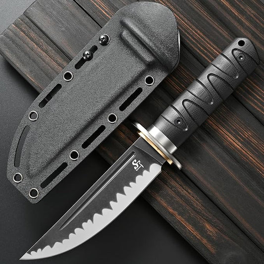 Sitivien ST29 Fixed Blade Knife, AUS-10 Steel Blade G10 Handle Full Tang Bowie Knife for Outdoor Camping Hunting Fishing Working(Black)