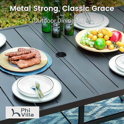 PHI VILLA 7 Pieces Patio Dining Table Set with Cushion for 6, Large Rectangular Metal Dining Table with Umbrella Hole & Cushioned Swivel Iron Chairs for Outdoor, Deck, Yard