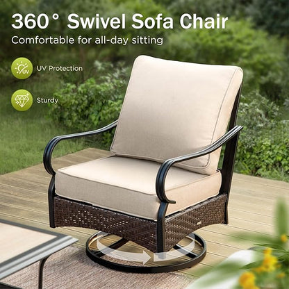 PHI VILLA Extra Large Outdoor Modern Patio Furniture Set, Upgraded Wicker&Metal Patio Furniture Conversation Set with Waterproof Thick Cushions for Porch, Poolside, Deck, and Yard(7 Pieces,Beige)