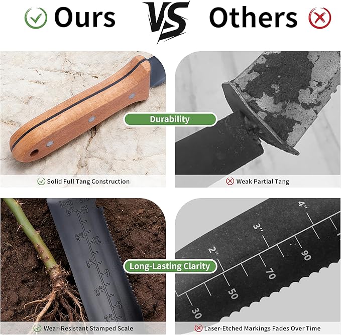 YANG Hori Hori Garden Knife, 7" Stainless Steel Gardening Knife with Oxford Cloth Sheath, Full Tang Beechwood Handle EDC Garden Tool for Digging, Planting & Weeding, Pointed Tip for Hard Soil
